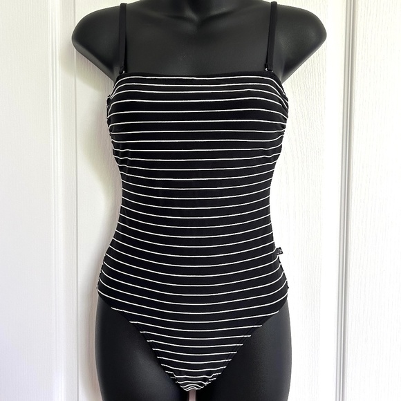 La Vie En Rose One Piece Swimsuit Size XS Black White Stripe Tank Aqua Rose - Picture 1 of 8